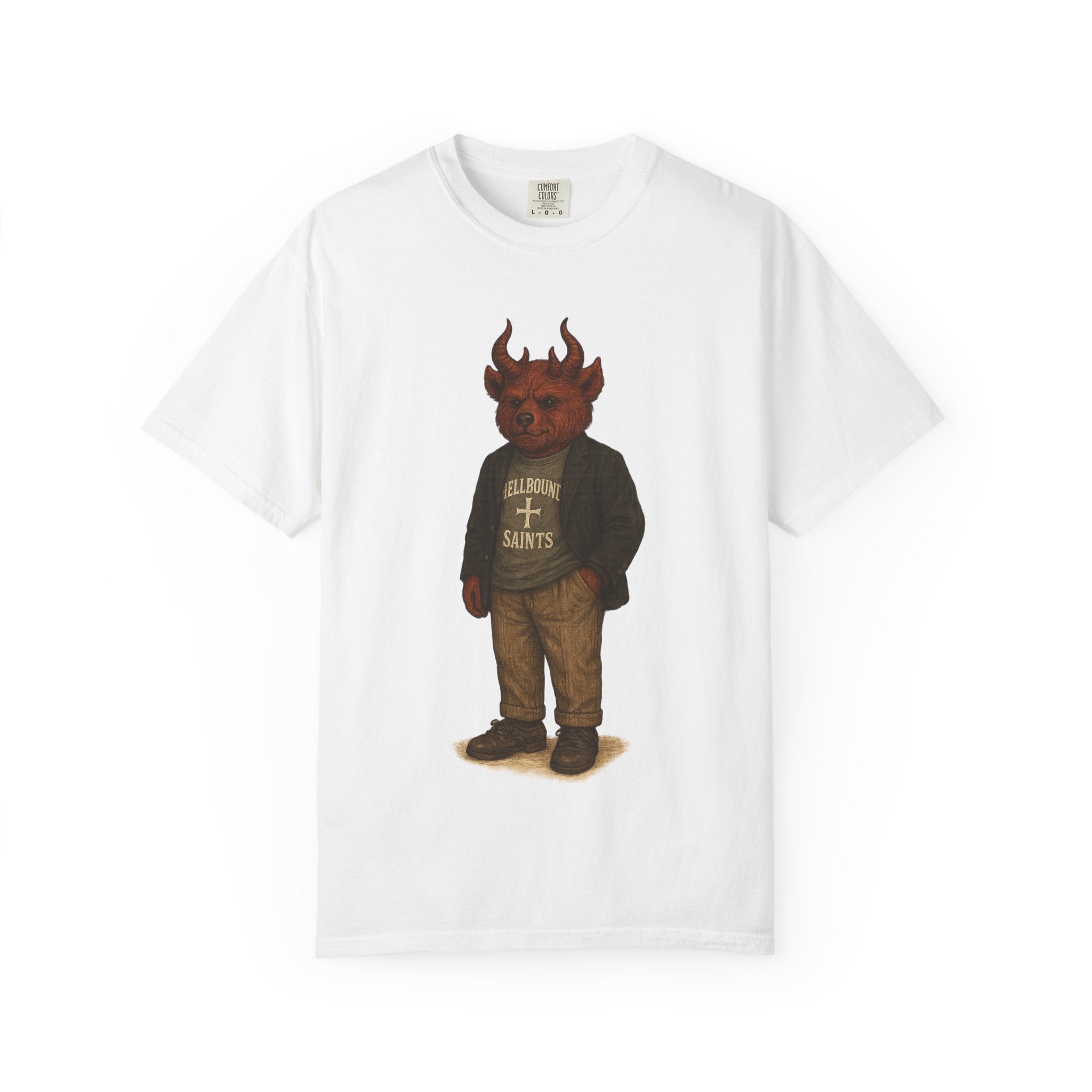 Devil Kid Graphic T‑Shirt — Vintage 'All Hail Saints' Illustration