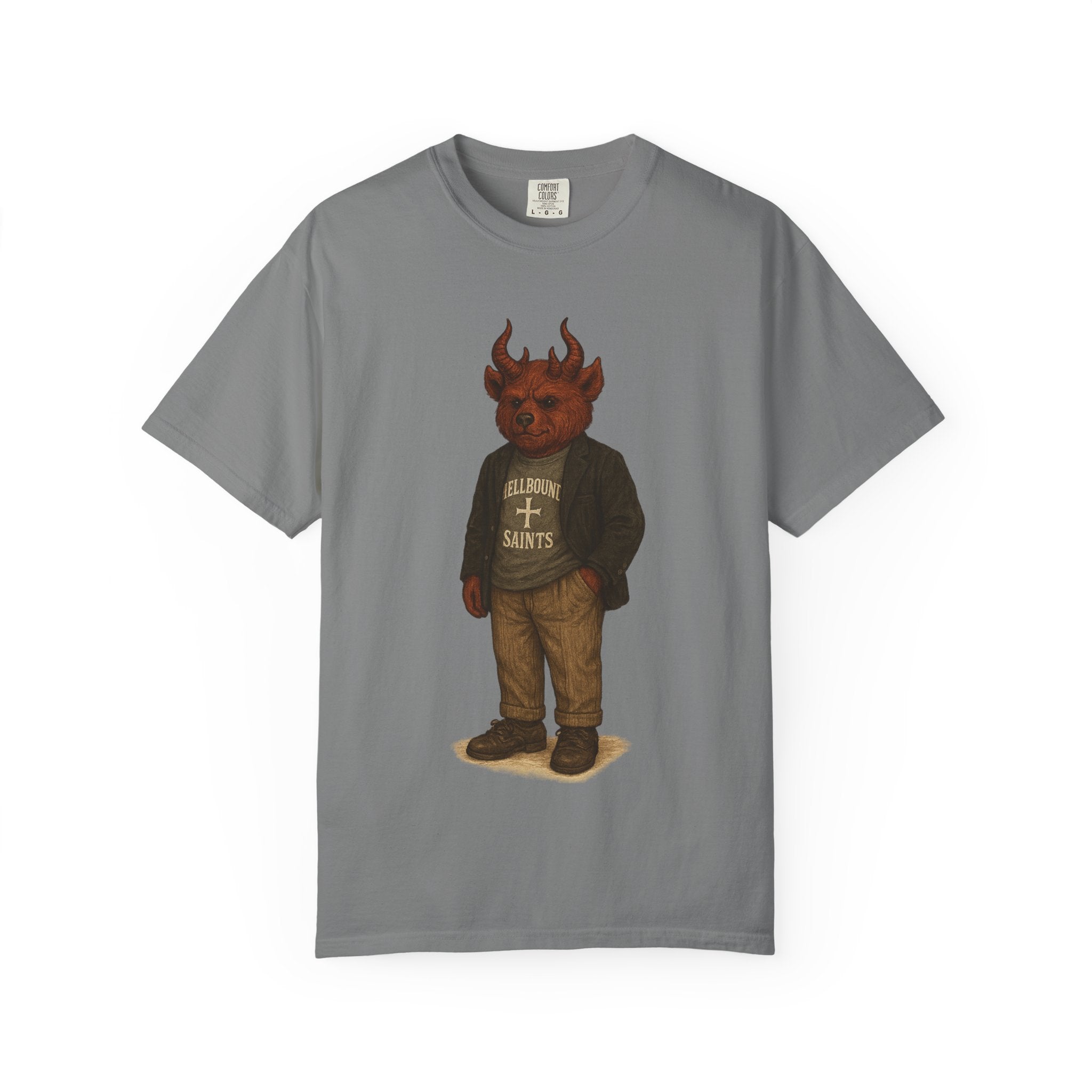 Devil Kid Graphic T‑Shirt — Vintage 'All Hail Saints' Illustration