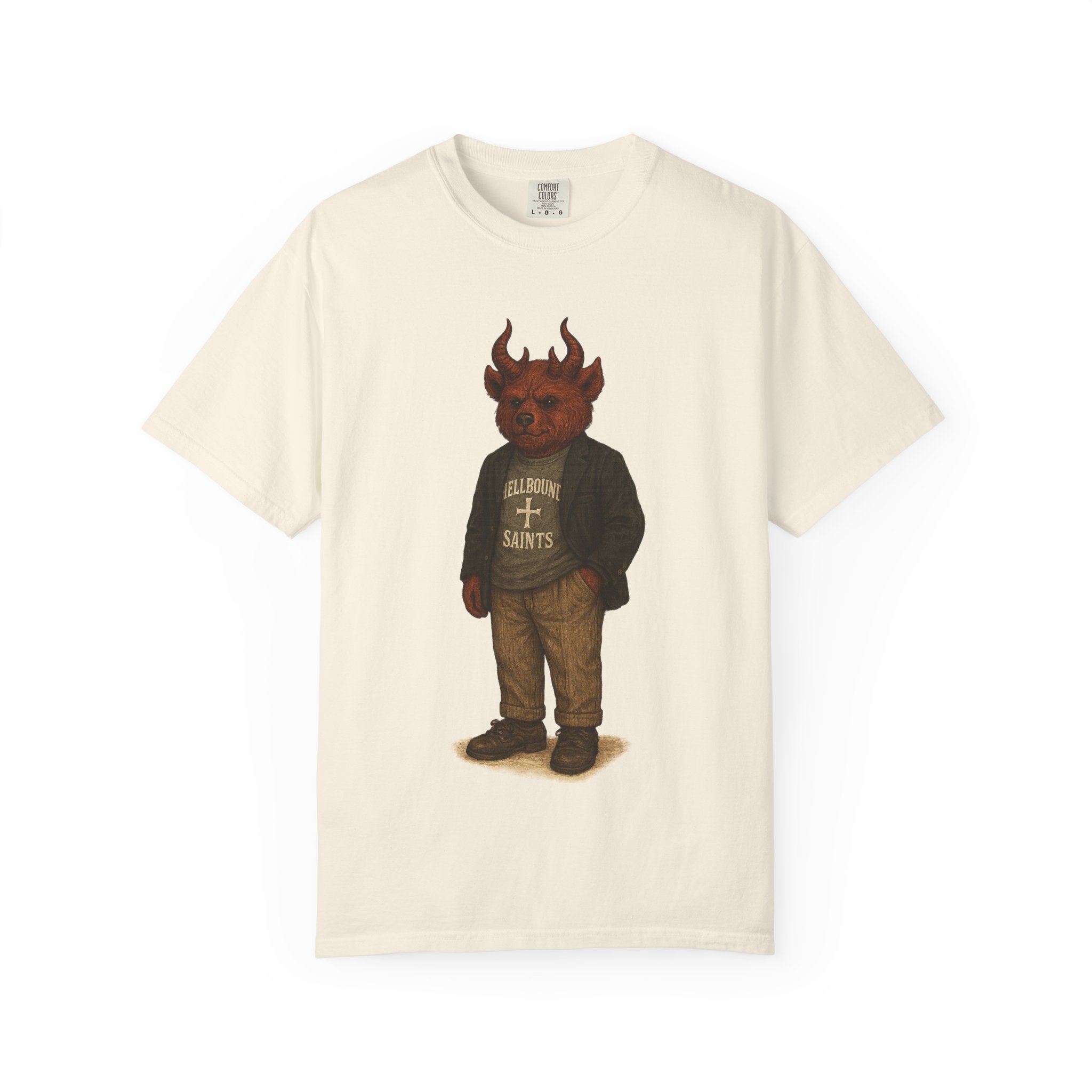 Devil Kid Graphic T‑Shirt — Vintage 'All Hail Saints' Illustration