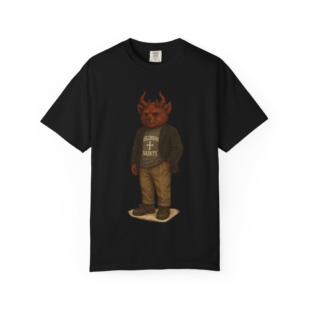 Devil Kid Graphic T‑Shirt — Vintage 'All Hail Saints' Illustration