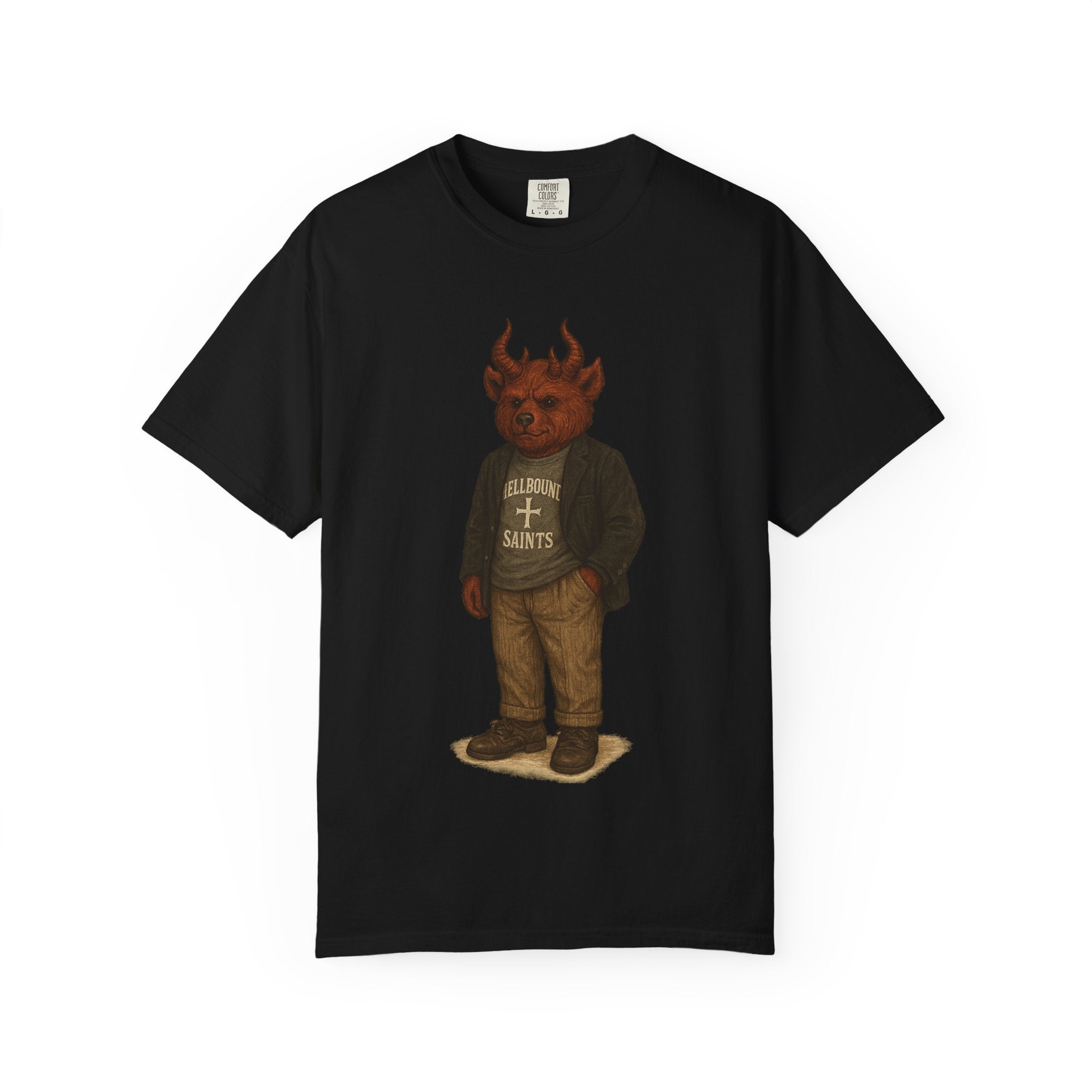 Devil Kid Graphic T‑Shirt — Vintage 'All Hail Saints' Illustration