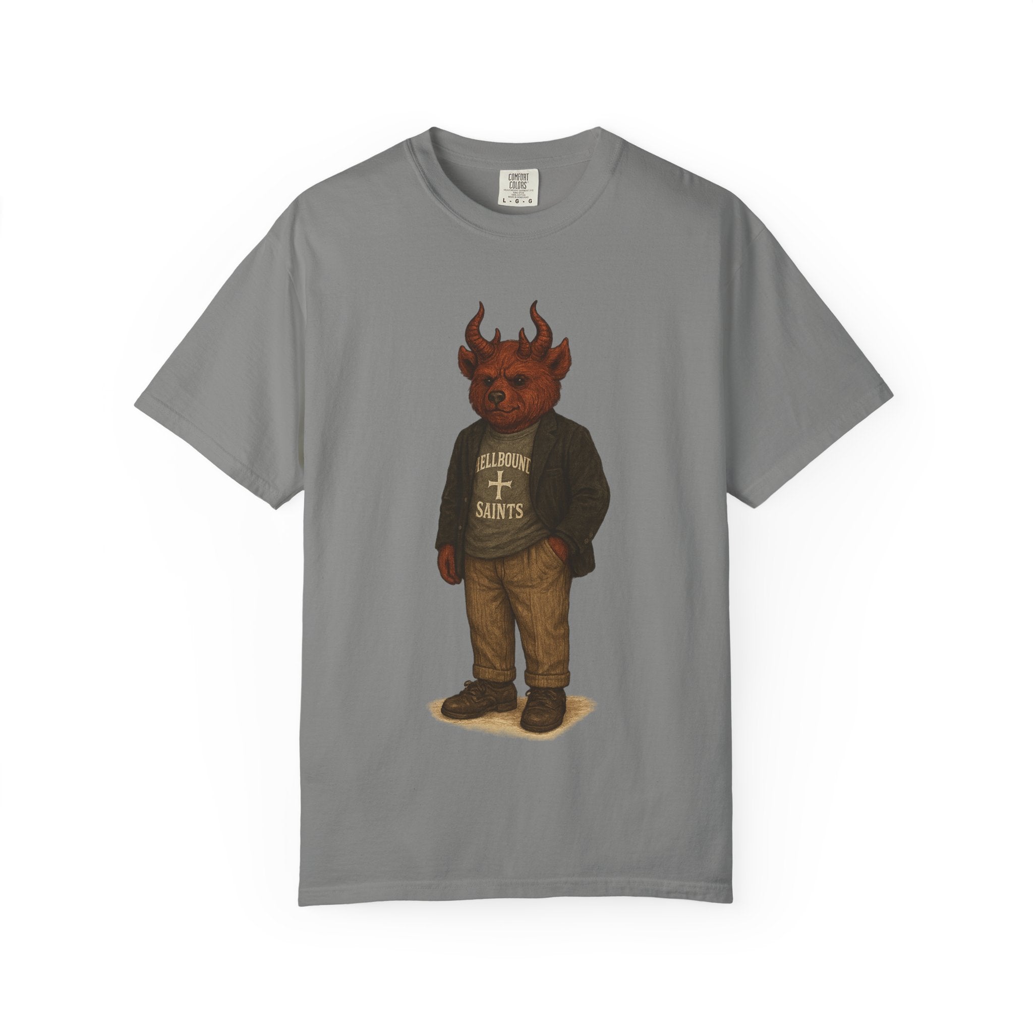 Devil Kid Graphic T‑Shirt — Vintage 'All Hail Saints' Illustration