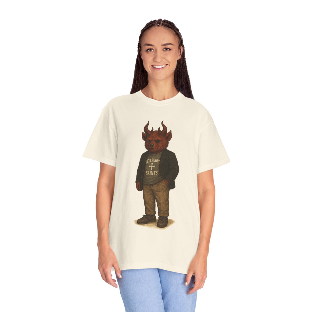 Devil Kid Graphic T‑Shirt — Vintage 'All Hail Saints' Illustration