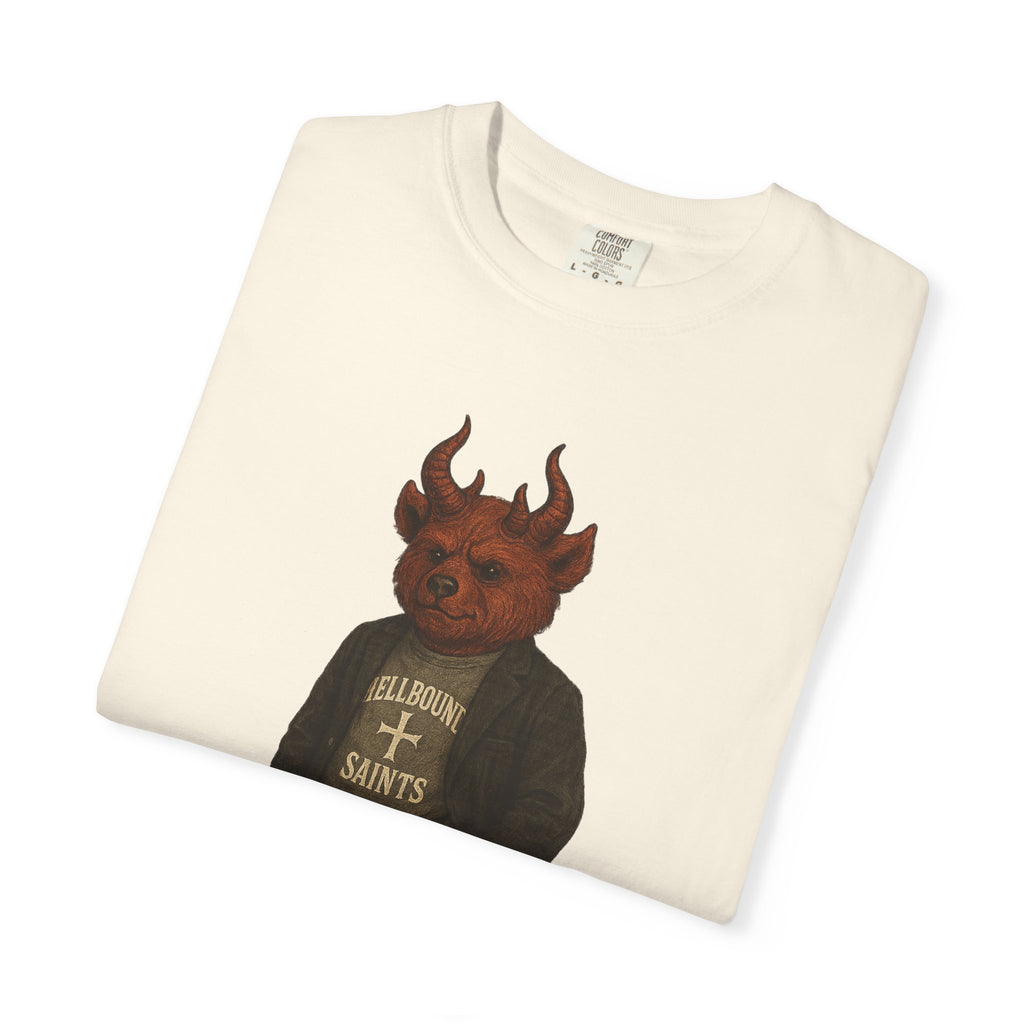 Devil Kid Graphic T‑Shirt — Vintage 'All Hail Saints' Illustration